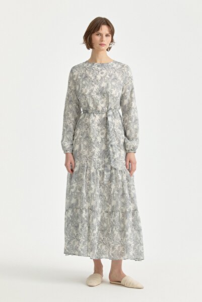 Nihan Büzgü Detaylı Desenli Lyocell Elbise Füme