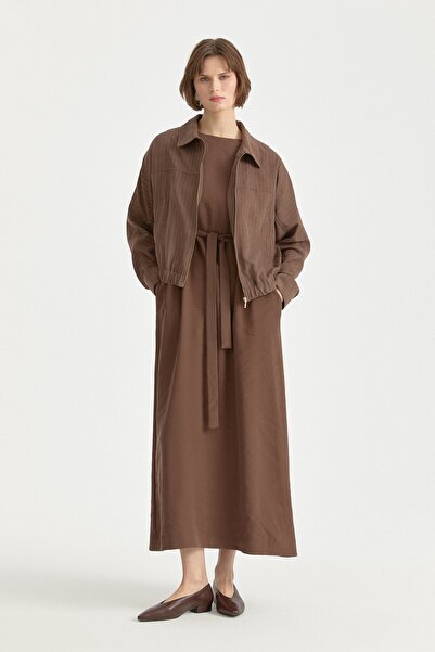 Nihan Kolsuz Kuşaklı Modal Basic Elbise Kahve