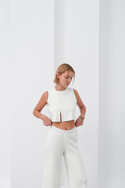 Sea Style Set de pantaloni Ecru Triko crop vestă și wide-leg – Set elegant mi...