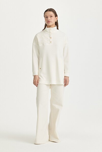 Nihan Dantel Detaylı Örme Tunik Ekru