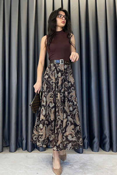 Estelle Belt Pattern Detailed Chiffon Long Skirt-Brown Brown