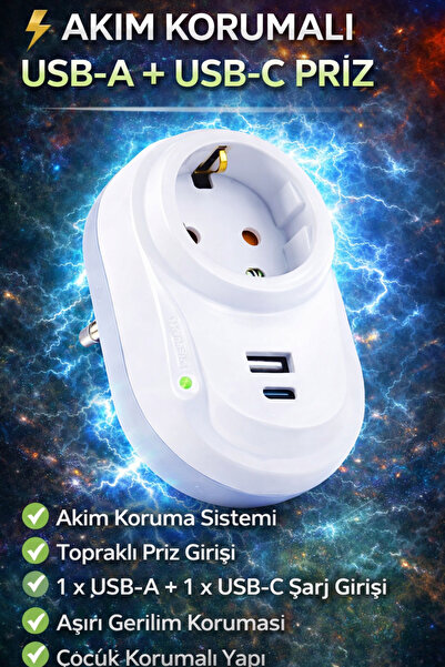 kialed Akım Korumalı USB-A + USB-C Priz Topraklı Aşırı Gerilim Korumalı