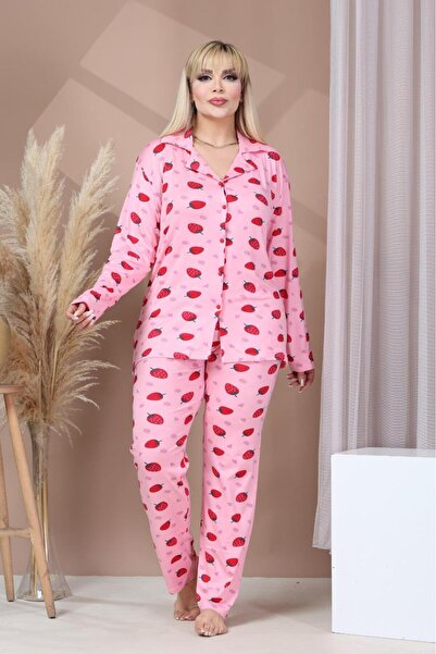 BARAY TEKSTİL Kadın Pembe Çilek Desenli Milan Kumaş Büyük Beden Pijama Takımı...