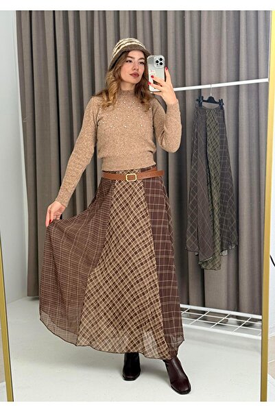 Raneel Kazançlı Alışveriş Women's Lined Double Color Chiffon Skirt Brown