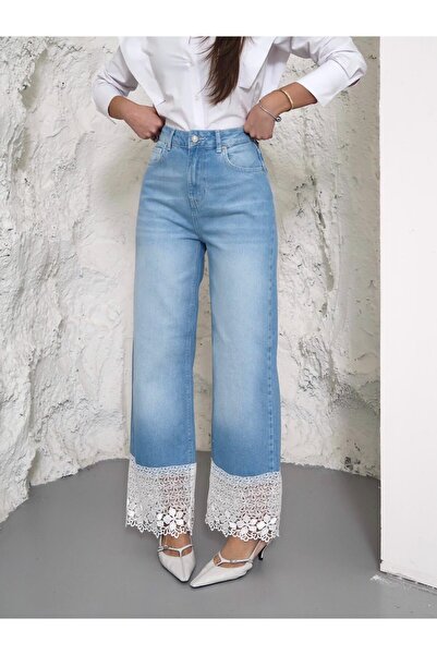 Zeo Basic PANTALONI DENIM ALBASTRU DESCHIS DETALIATI PENTRU FEMEI dantelă