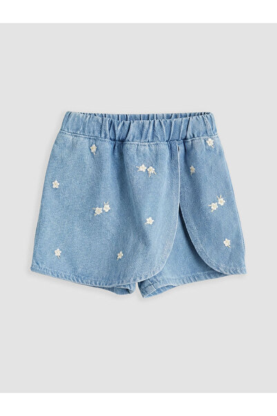 LC Waikiki LCW baby Indigo Kız Bebek Çiçek Nakışlı Jean Şort Etek