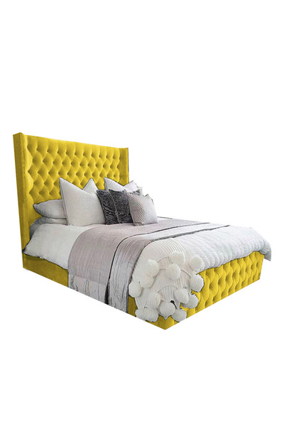 Back House إطار سرير منجد مخمل إمباير مع لوح أمامي وقاعدة مربعة - ذهبي