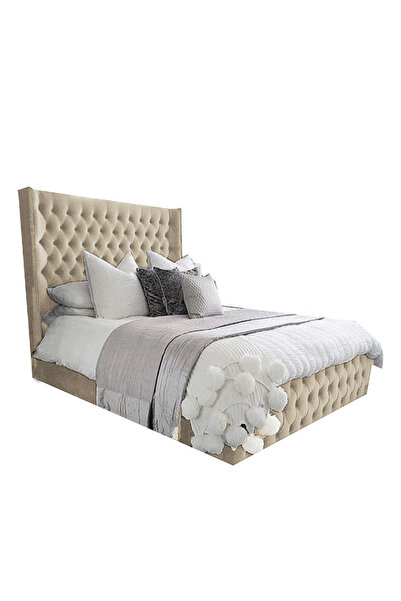 Back House إطار سرير منجد مخمل إمباير مع لوح أمامي وقاعدة مربعة - عاجي