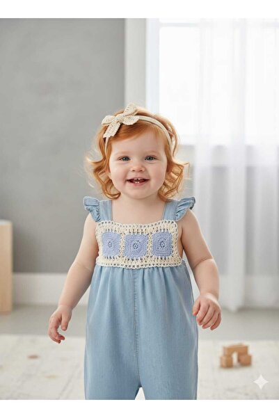 Little Baby Kot Tulum – Dantel İşlemeli ve Bandanalı Denim Salopet