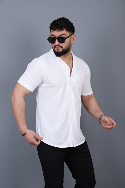 L-KOM Cămașă de muselină pentru bărbați, cu mânecă scurtă, bumbac piese, croi...