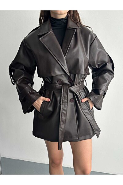 VESS MODA Trenci de lungime medie piele cu detalii de epoleți pe umeri și pe ...