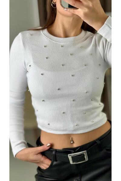 Raneel Kazançlı Alışveriş Women's long sleeve Ribbed Knit stone embellished l...