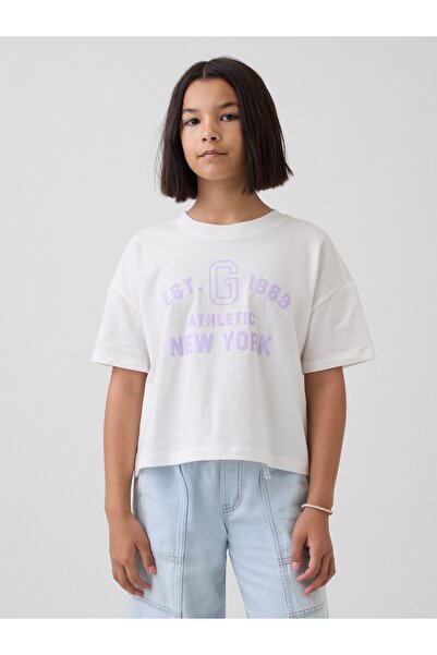 GAP Kız Çocuk Beyaz Oversized Crop Logo T-Shirt