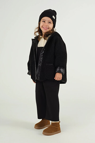 Mioma Kids Kapüşonlu Peluş Ceket Siyah