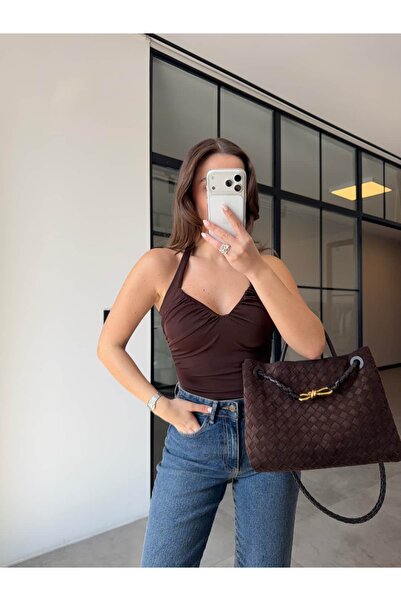 BB Bensu Buyruk Necklace-Through B Ruched Bodysuit Brown