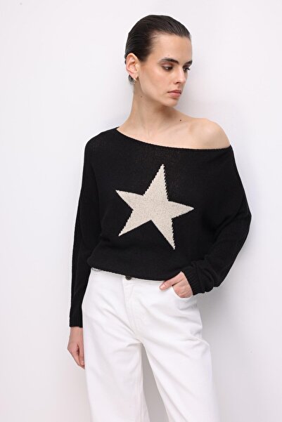 Mixray 7030 Ženski pleteni džemper sa lađastim izrezom Sezonsko zvezda, crni