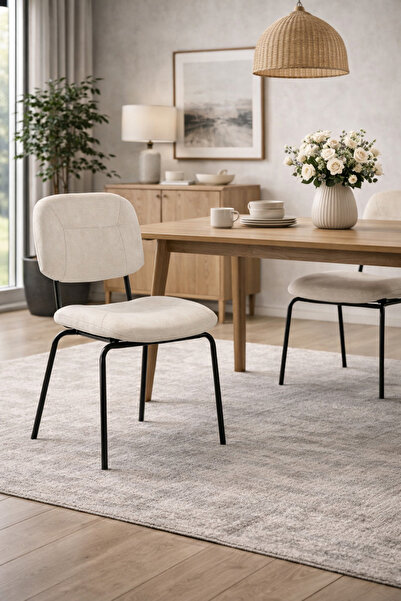 N.zone كرسي طعام نوفا مودرن مبطن قماش بيج فاخر بأرجل معدنية سوداء مريح لغرفة ...