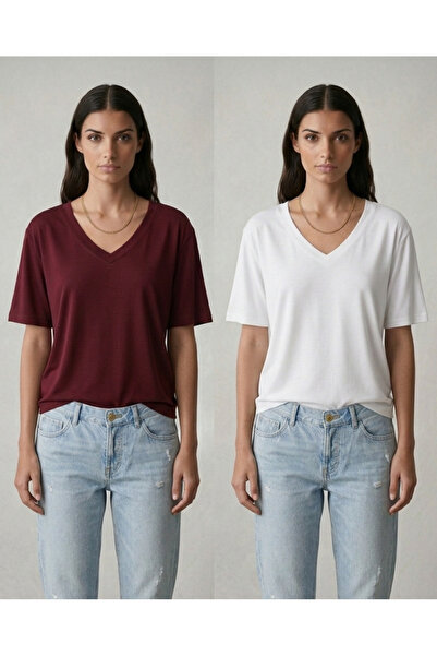 CNG MODA Double B Osnovni P Pamučni džersej M Modal Opušteni V-izrez T T-shir...