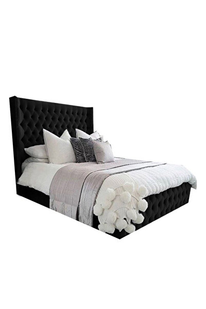 Back House إطار سرير منجد مخمل إمباير مع لوح أمامي وقاعدة مربعة - أسود