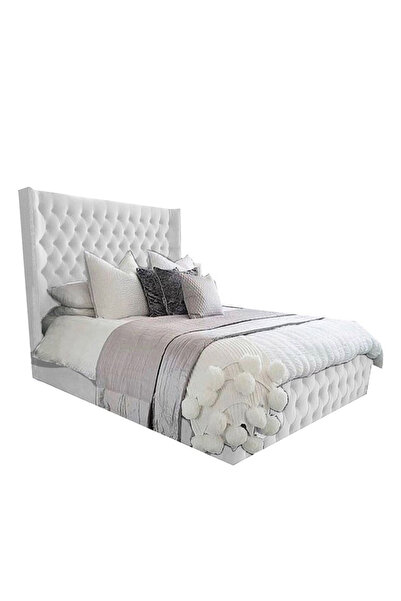 Back House إطار سرير منجد مخمل إمباير مع لوح أمامي وقاعدة مربعة - أبيض