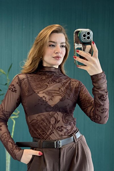 Raneel Kazançlı Alışveriş Women's High-Necked Sheer Tulle Blouse Brown