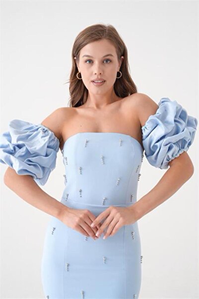 Dipmoda Rochie de ocazie pentru femei cu mâneci bufante și aplicații de pietr...