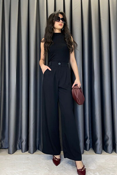 Estelle حزام خصر مطاطي مزدوج بثنيات بنطلون واسع الأرجل - أسود أسود