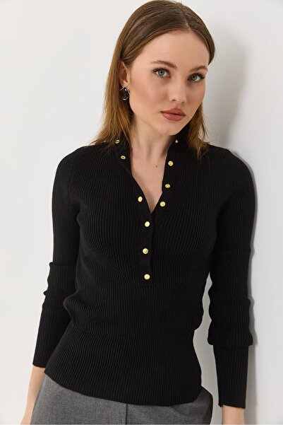 Raneel Kazançlı Alışveriş Women's Black Mock Neck Snap Fasteners Soft-Texture...