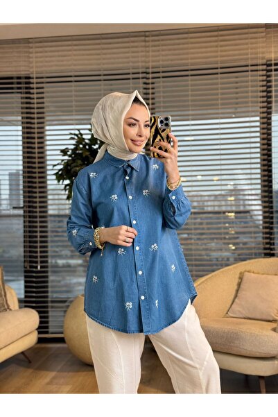 ALANURMODA 7476 Tencel Üstü Çiçek Nakışlı Gömlek