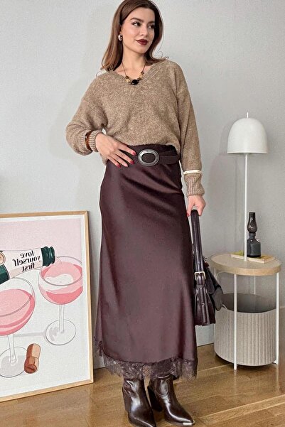 Raneel Kazançlı Alışveriş Women's Brown Guipure Lace Satin Skirt with Elastic...