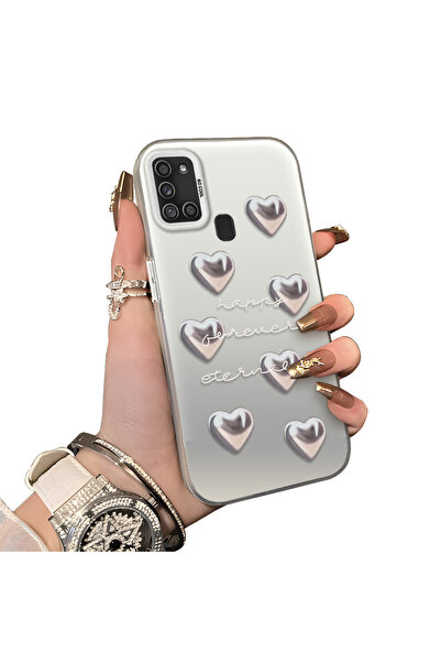 ucuc Samsung Galaxy A21S Uyumlu Sert Akrilik Arka Silikon Kenar Lens Koruma K...