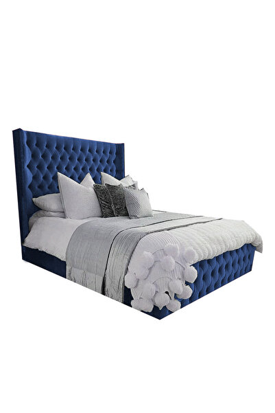 Back House إطار سرير منجد مخمل إمباير مع لوح أمامي وقاعدة مربعة - أزرق داكن