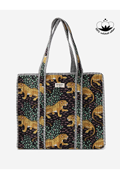 Strippe Leopar Desenli Pamuklu Kumaş Siyah Günlük Omuz Çantası - Tote Bag