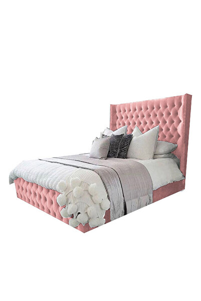 Back House إطار سرير مخمل منجد بالمخمل مع لوح أمامي وقاعدة مربعة - وردي فاتح