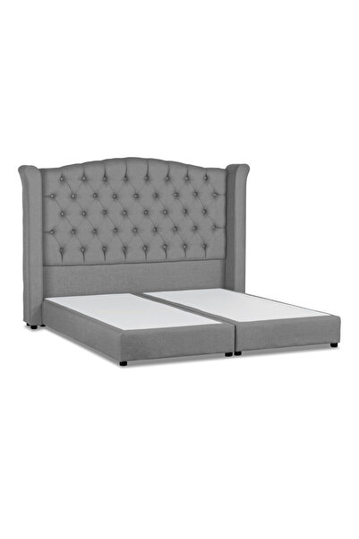 Back House إطار سرير منجد من رويال كتان مع لوح أمامي وقاعدة مربعة - رمادي فاتح