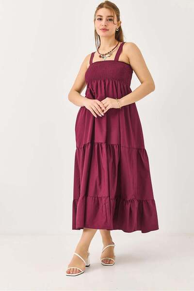 Raneel Kazançlı Alışveriş Gipeli Strappy Women's Long Dress Burgundy