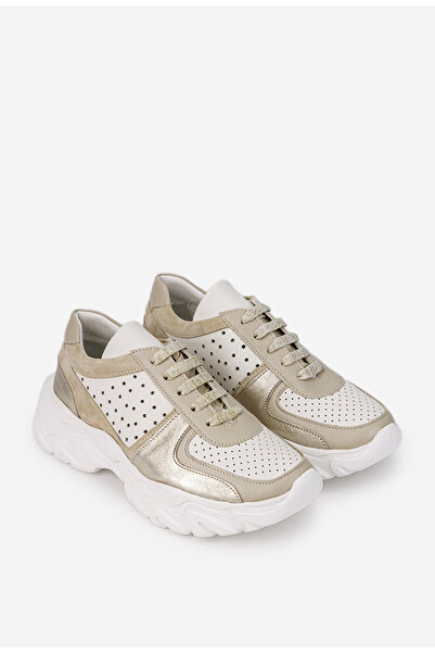 Dasha Beige and gold women's shoes made of genuine Leather with glitter inserts