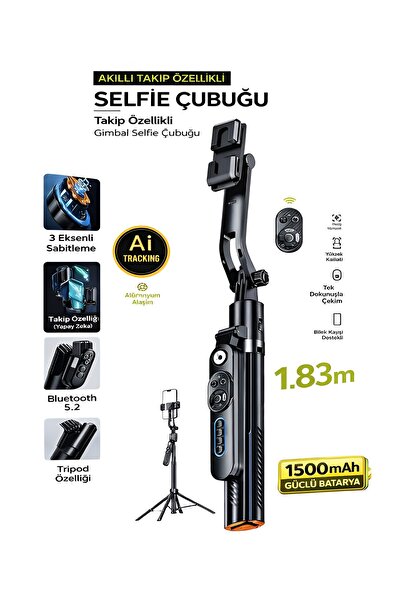 DEANB 1500 mAh 183 cm Aİ Takip Özellikli Gimbal Tripod Selfie Çubuğu Bluetoot...