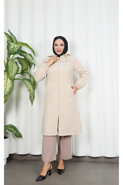 HNT Hayrunnisa Tesettür Fermuarlı Kapitone Uzun Kap TAŞ HNT8581