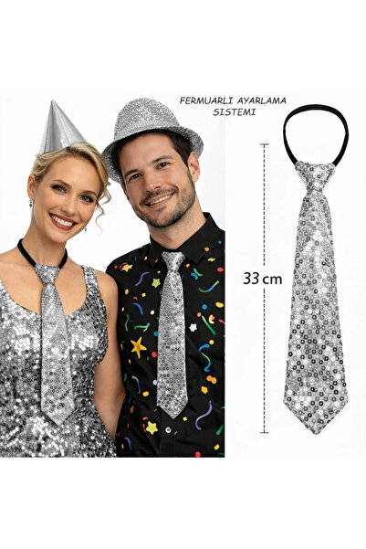 Lisinya ربطة عنق فضية اللون مزينة بالترتر اللامع للحفلات مقاس 33 سم - TYGOO