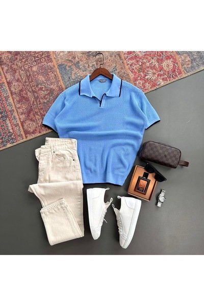 tiggir moda Men's Polo Collar T-Shirt and Jeans 2-Piece Set of Cotton