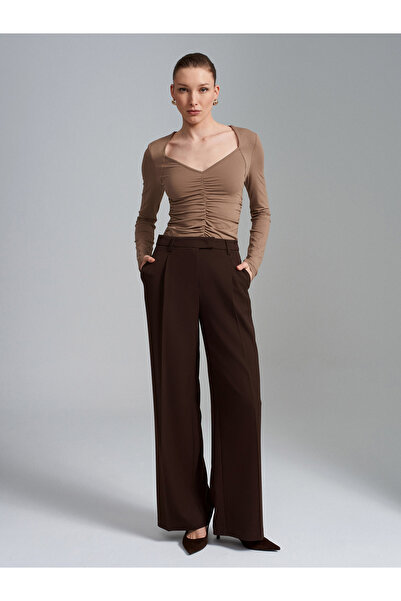 Dilvin 72280 Yüksek Bel Geniş Paça Pantolon-Kahve