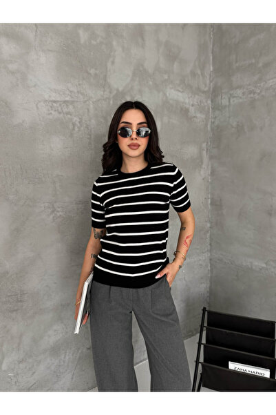 LE CARAMBOLE Дамска черна раирана блуза с къс ръкав и велосипедна яка