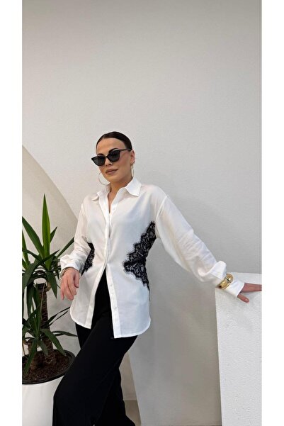 Perry Boutique White Design Lace Detailed Back Tie-Detail Shirt