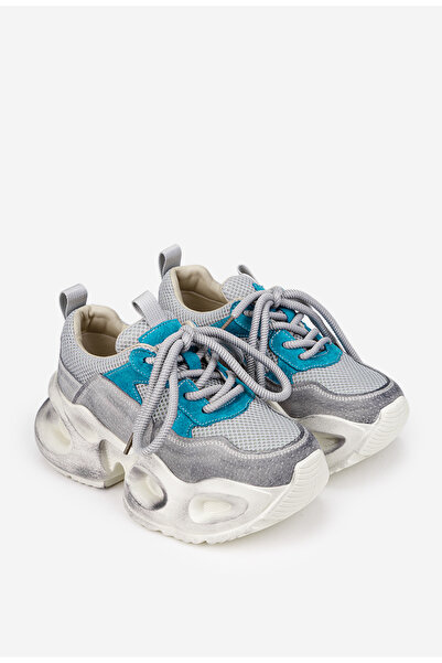 Dasha Pantofi dama NUR gri cu bleu din piele intoarsa si material textil