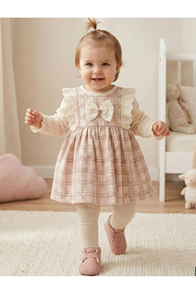 Minicix Kız Bebek Pamuklu Bayramlık Elbise 9-24 Ay Uzun Kollu Ekose Dantel De...
