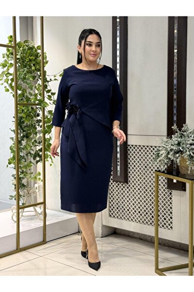 live forever Büyük Beden Midi Abiye Elbise Drapeli Çiçek Aplikeli Şık Davet E...