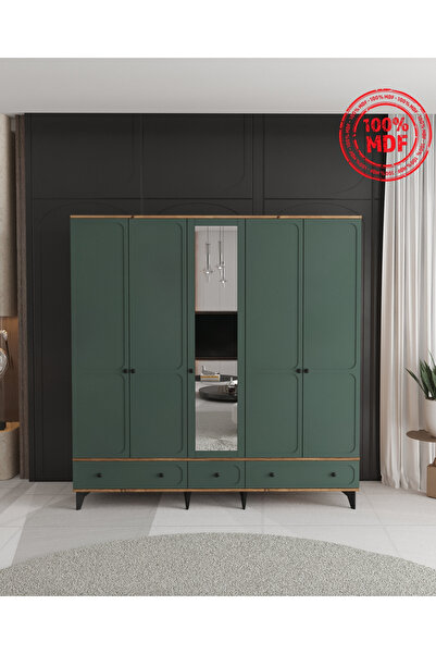 Teen & Bright %100 MDF Irmak 5 Kapaklı Çekmeceli Modüler Gardırop - Yeşil