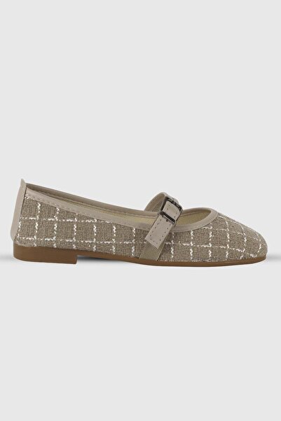 Modezya Dark beige tweed fabric belt detail oval toe women's ballet flat