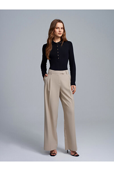 Dilvin 72280 Παντελόνι με ψηλή μέση και φαρδιά μπατζάκια-Πέτρα